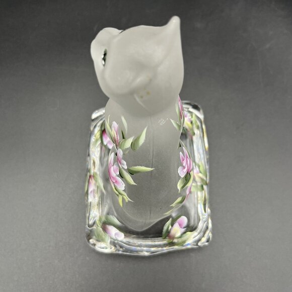Handpainted Clear Satin Glass Cat Figurine Sitting On Pillow Paperweight Floral - Picture 6 of 11